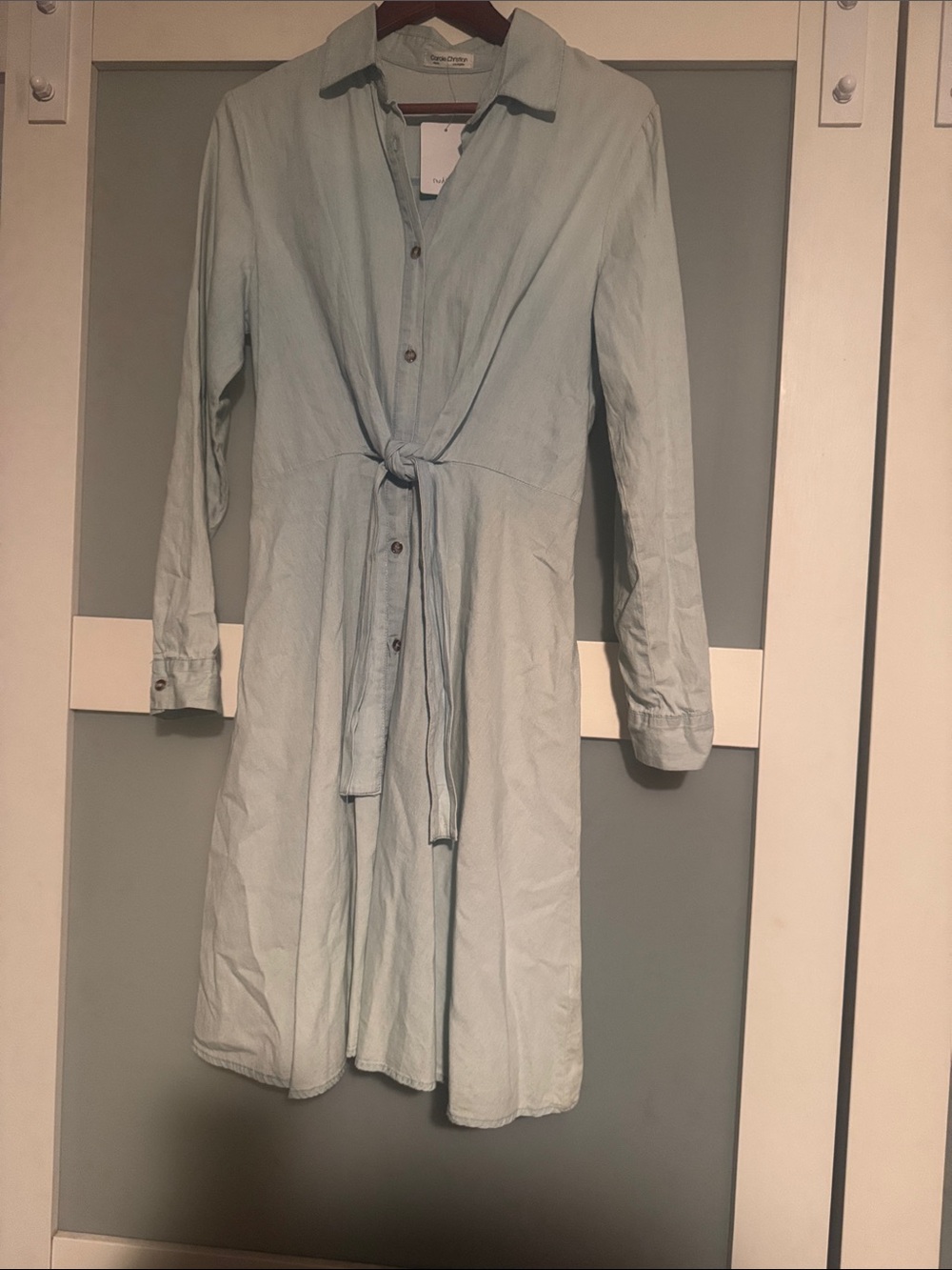 Tied-Waist Long Sleeve Shirt Dress in Light Blue - Unbranded